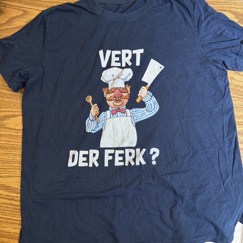 Fruit of the Loom The Muppets Swedish Chef Vert Der Ferk Black Graphic Shirt L